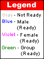 Legend: Gray - Not Ready. Blue - Male (Ready). Violet - Female (Ready). Green - Group (Ready).